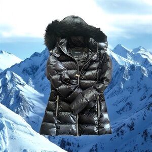 Andrew Marc Women's Black Puffer Jacket with Faux Fur Trim